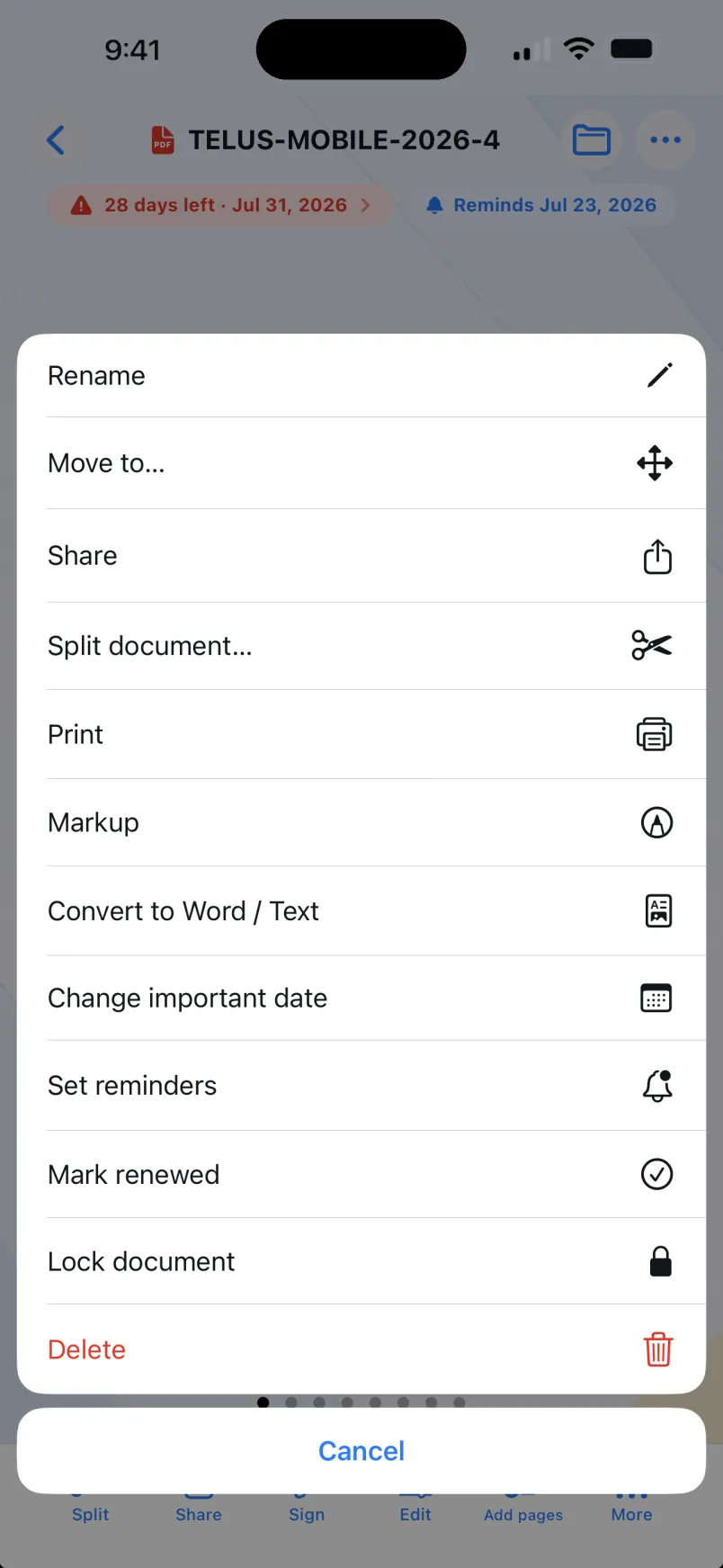 Document action menu with convert, print, lock, and more