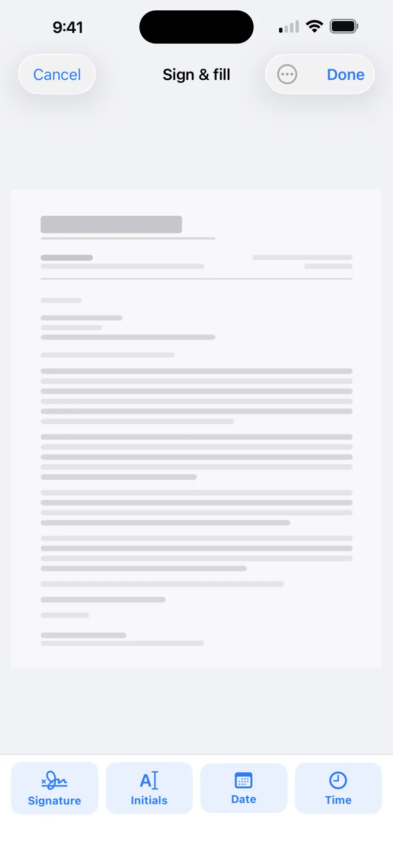 Signing and filling a document with signature, initials, date, and time