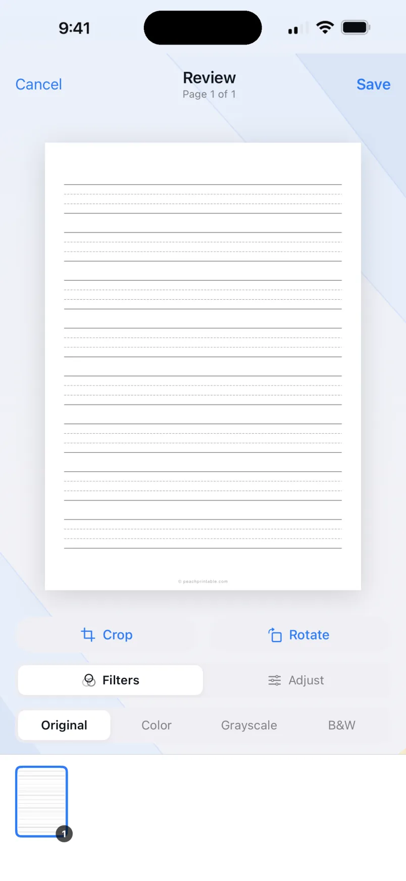 Reviewing and editing a multi-page scan with crop, rotate, and filter controls