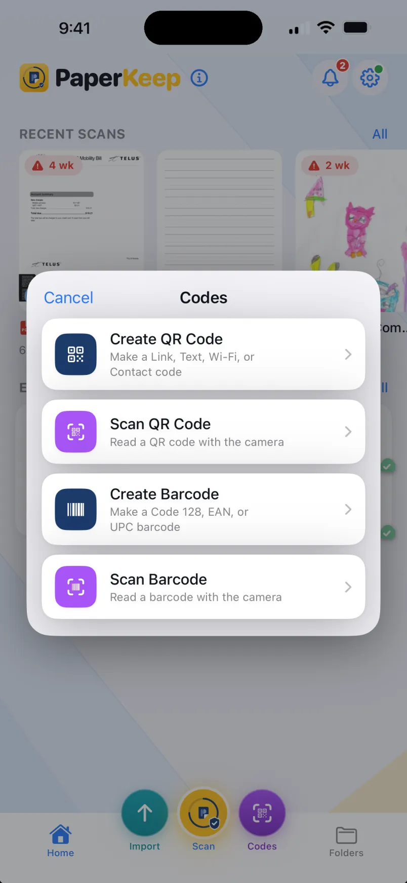 Codes menu to create or scan QR codes and barcodes