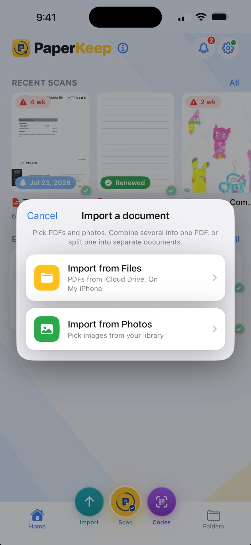Import a document from Files or Photos