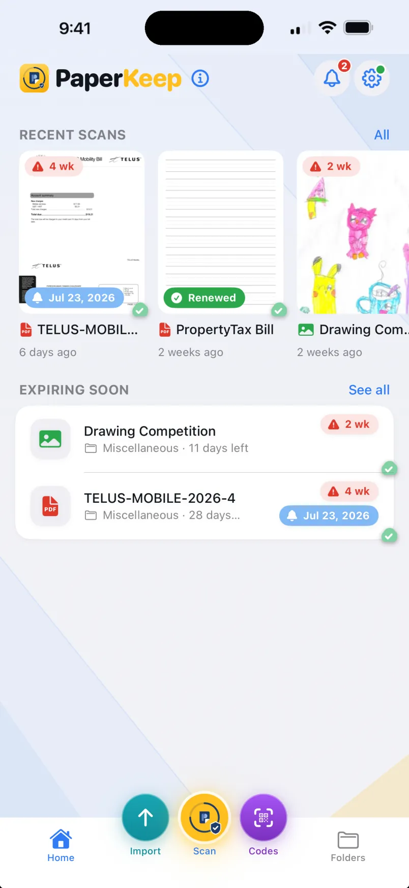 PaperKeep home screen showing recent scans and documents expiring soon