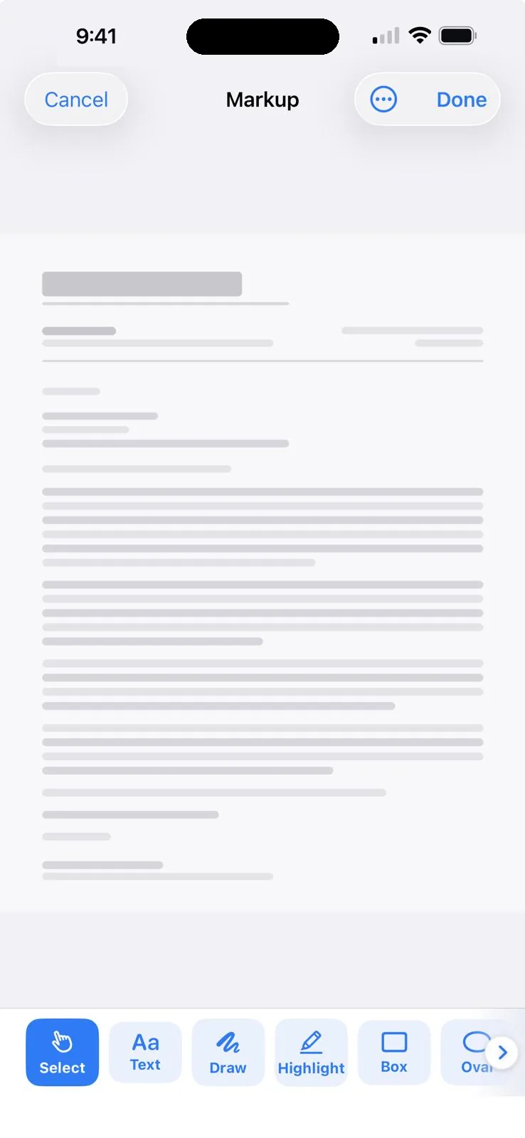 The markup editor with a full toolbar of pen, text, highlight, and shape tools