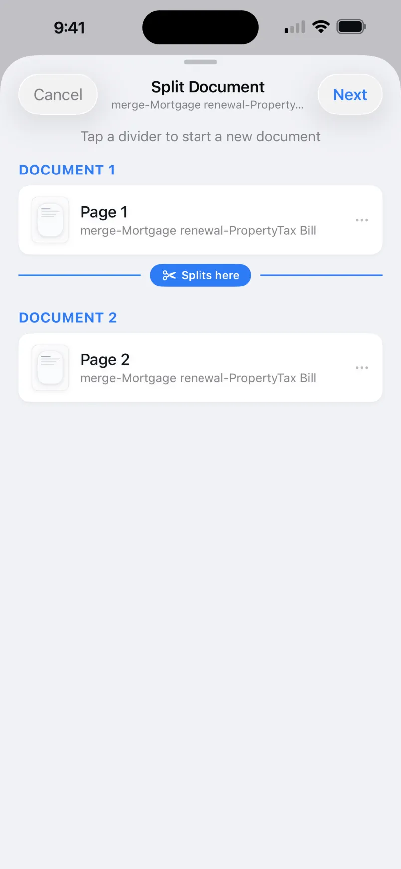 Splitting a document into separate documents at a divider