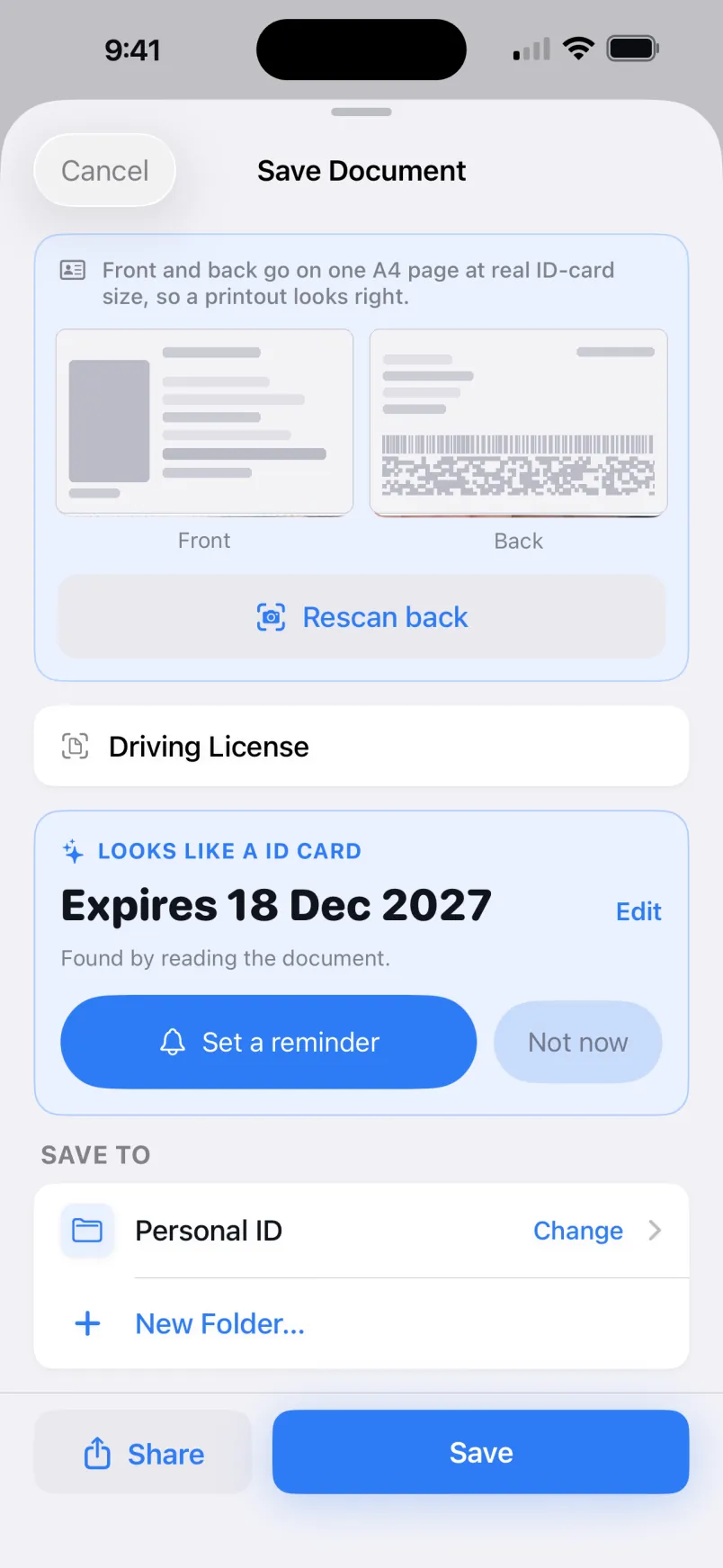 Saving a scanned ID card in PaperKeep with the expiry date found automatically