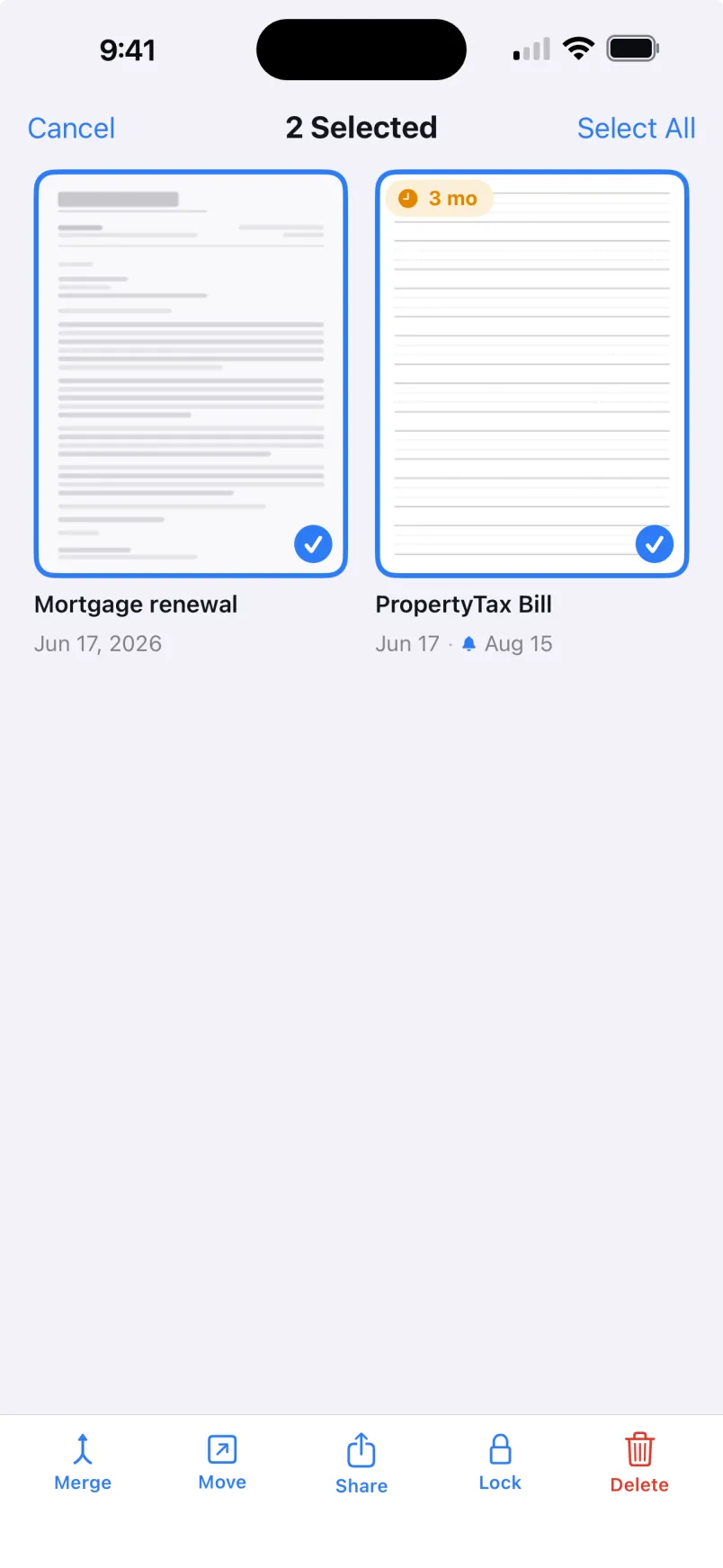 Multiple documents selected with merge, move, share, lock, and delete