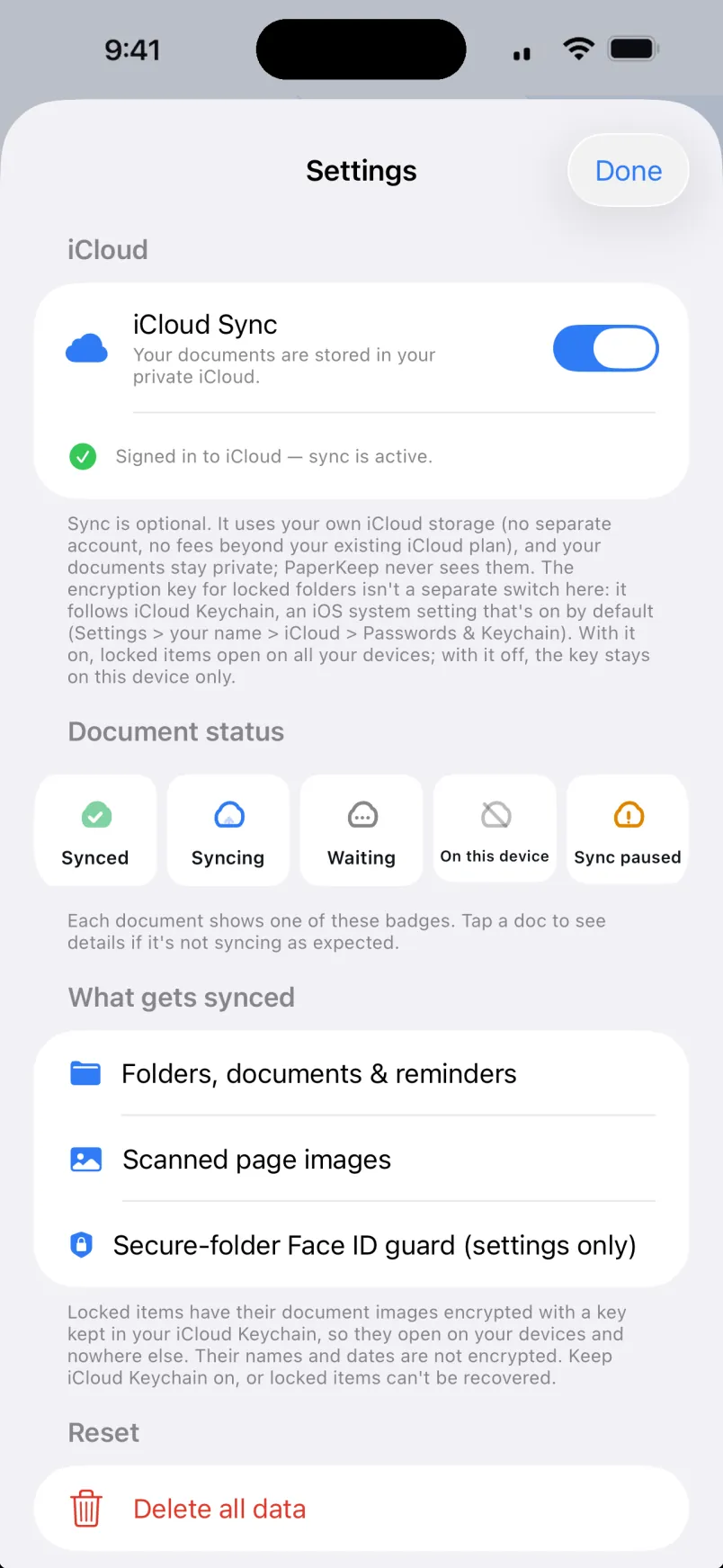 Settings showing private iCloud sync and document status badges